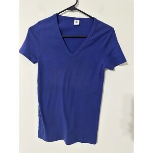 Petit Bateau Women V Neck‎ Short Sleeve T Shirt Blue Size XS